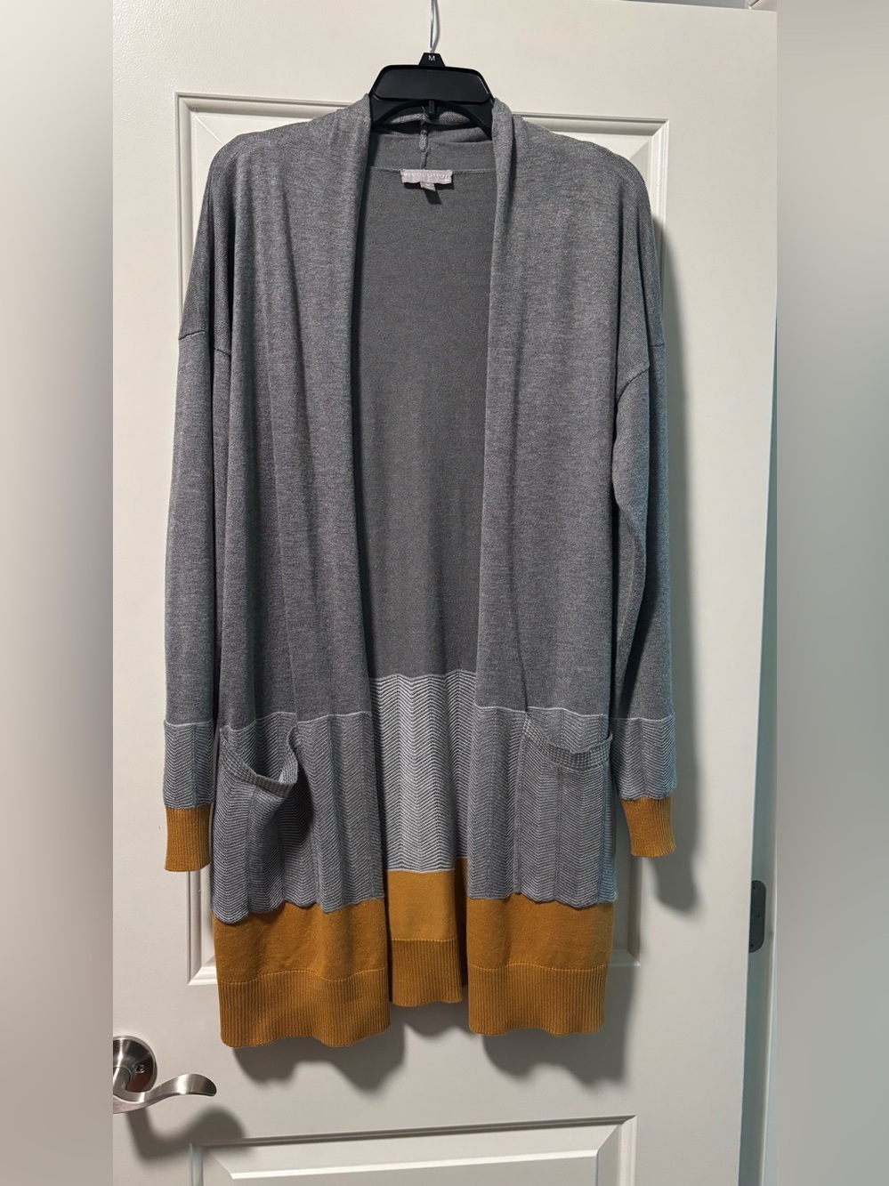 Women's Open-Front Grey Cardigan with Mustard Trim